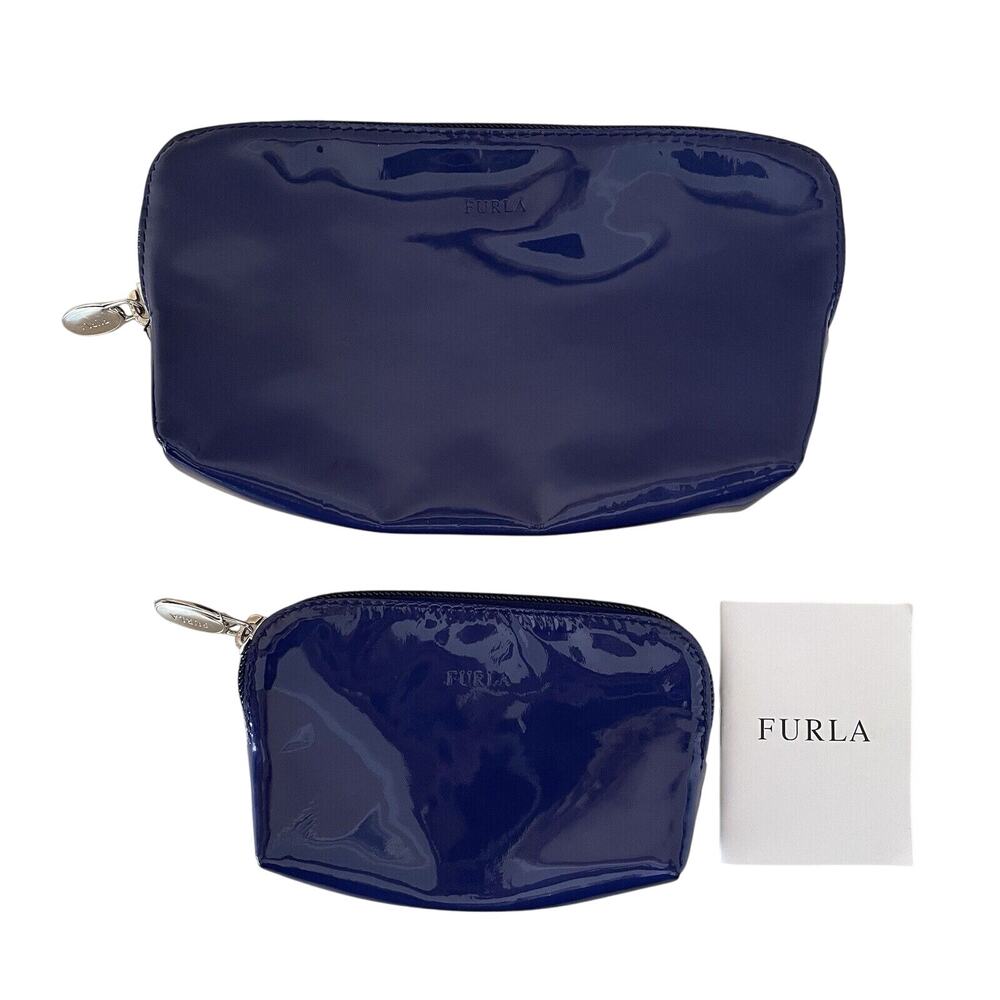 Furla Patent Leather Cosmetic Bag Set of 2 Zipper Small Deep Blue